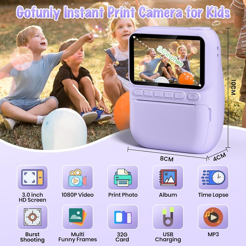Gofunly Kids Camera Instant Print, 3.0" HD 32MP Kids Camera Christmas Birthday Gifts for 3 4 5 6 7 8 9 10 11 12 Year Old Girls Boys, 32GB SD Card-Purple - Image 4